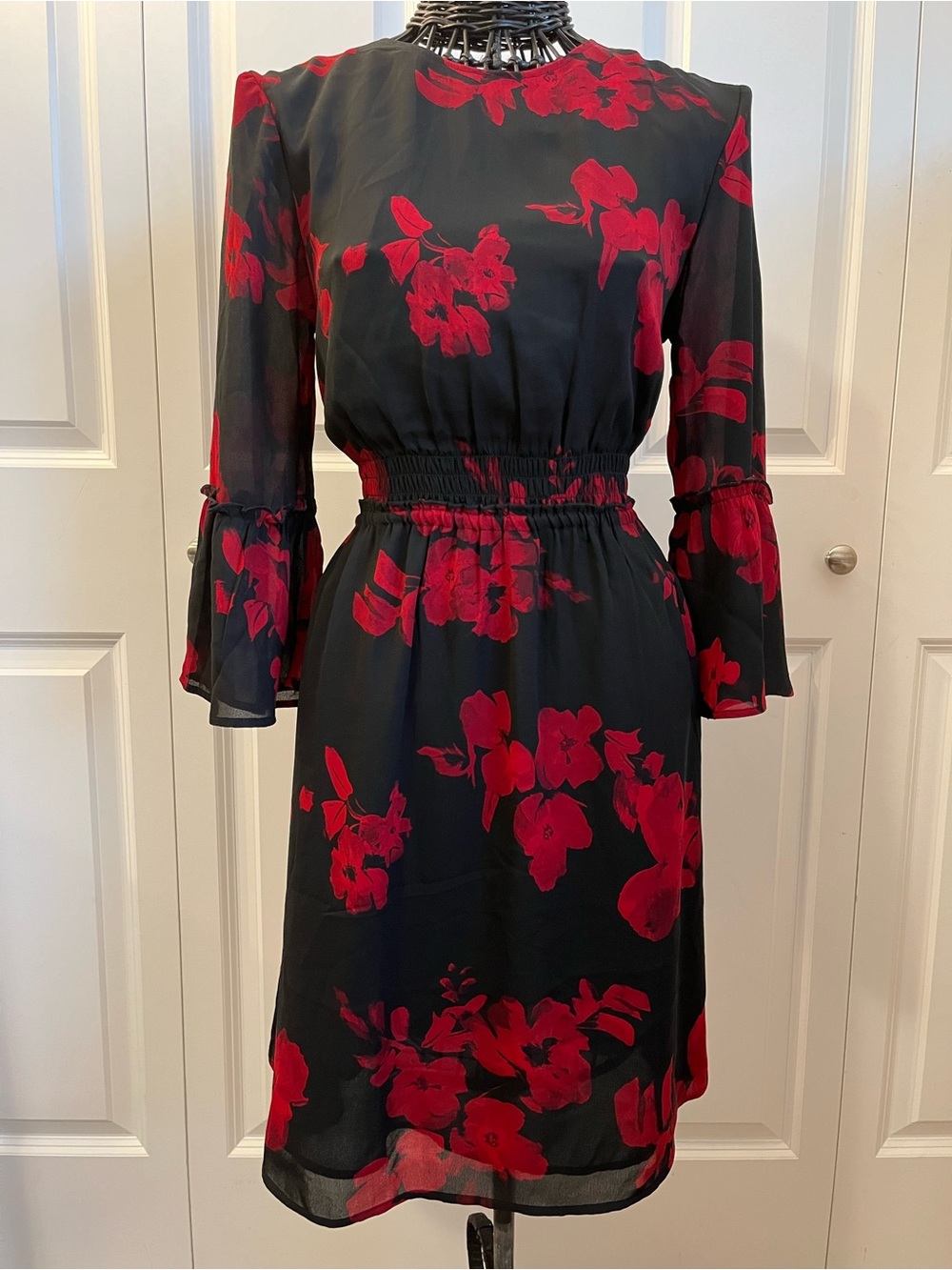 H&M Black Dress with Red Floral Print — Long Sleeve